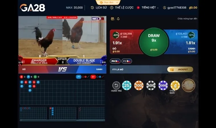 Hướng Dẫn Chi Tiết Cách Chơi Đá Gà GA28 Tại i9BET 2 Giao diện đặt cược Đá Gà GA28 Tại i9BET