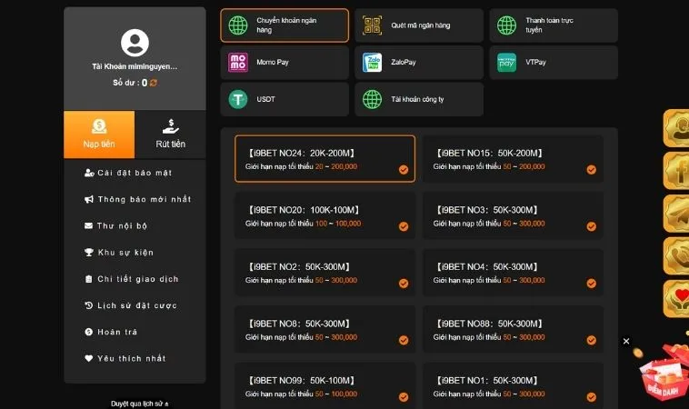 Hướng Dẫn Nạp Tiền i9BET Nhanh Chóng An Toàn Hiệu Quả 2 Các phương thức nạp tiền i9BET